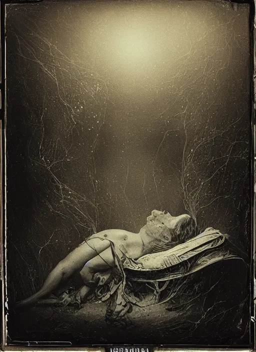 Image similar to old wetplate daguerreotype birth of and ending of time, fractal, intricate, elegant, highly detailed, parallax, leica, medium format, subsurface scattering, by jheronimus bosch and greg rutkowski and louis jacques mande daguerre