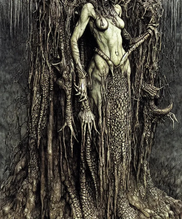 Image similar to A detailed horned crocodilewoman stands near the swamp. Wearing a ripped mantle, robe. Perfect faces, extremely high details, realistic, fantasy art, solo, masterpiece, art by Zdzisław Beksiński, Arthur Rackham, Dariusz Zawadzki