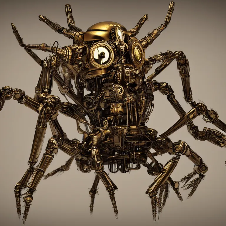 Image similar to beautiful steampunk robotic spider inspired, unreal engine realistic render, high detailed face, photorealism, golden ratio, hyper - realistic 3 d, insanely super detailed, realistic octane render, 1 6 k, fashion photography, micro detail, backlit lighting, subsurface scattering, thin porcelain