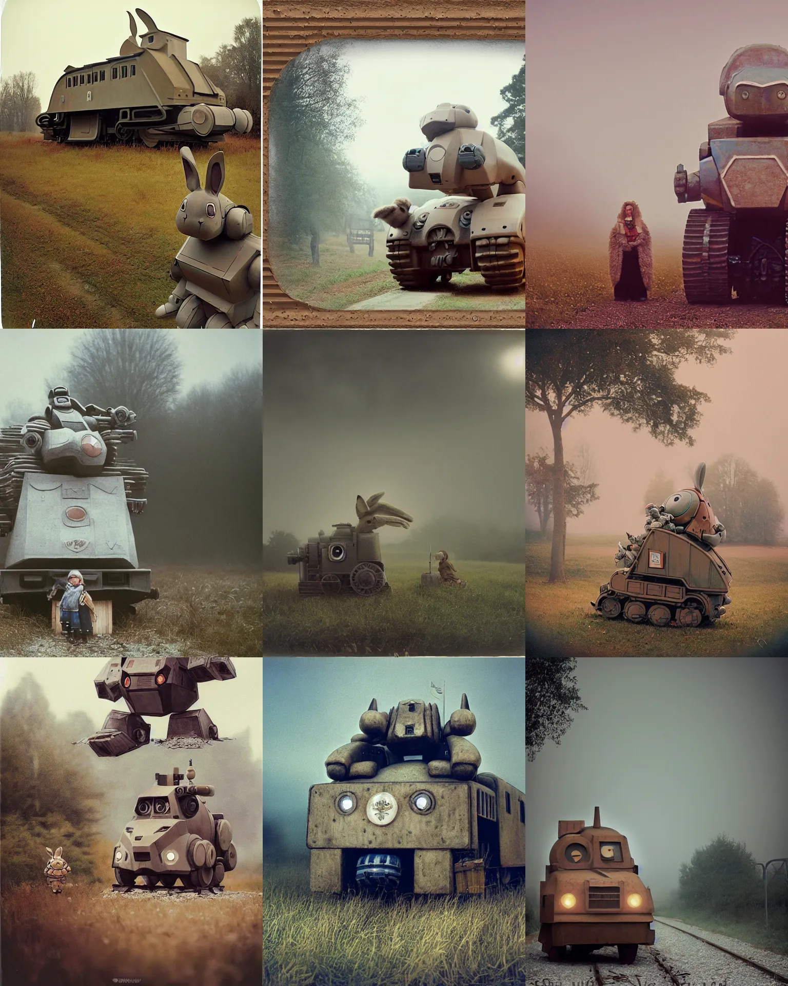 Prompt: giant oversized chubby train armored rabbit robot mech, with big rabbit ears ,on a village , Cinematic focus, Polaroid photo, vintage, neutral colors, soft lights, foggy, panorama by Steve Hanks, by Serov Valentin, by lisa yuskavage, by Andrei Tarkovsky
