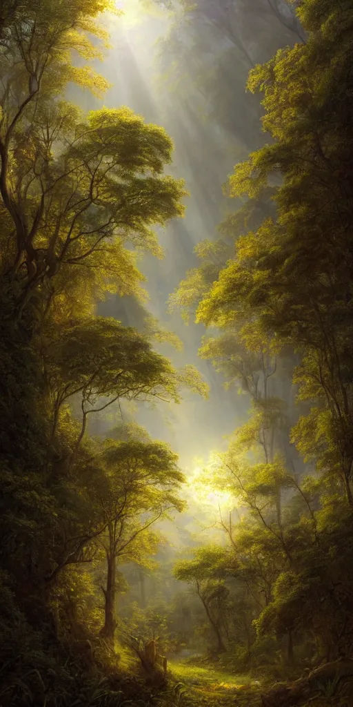 Prompt: ((A detailed and beautiful rich illustration depicting a lush and blooming forest)), small fireflies here and there, sun glare coming from above::by Andreas Rocha, by John Frederick Kensett, by Clive Madgwick::featured on deviant art, trending on artstation