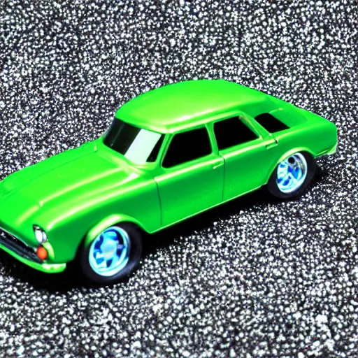 Prompt: 3 5 mm photo of metallic green aquaman car like hot wheels model with a underwater as background