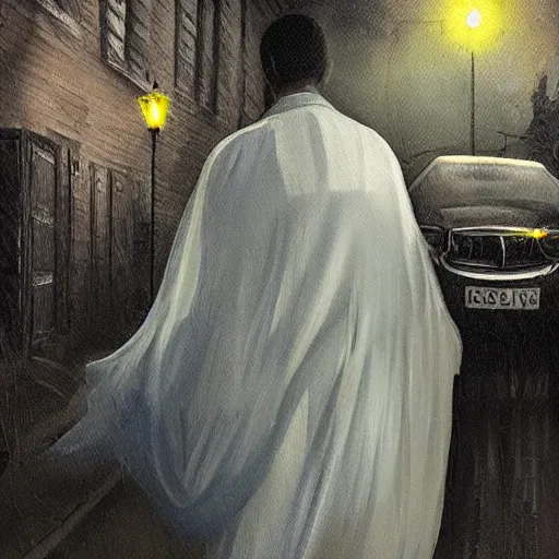 Image similar to ominous bedsheet ghost with pee stain standing in front of a cars headlights late at night, oil painting, brush strokes, highly ornate intricate detail, gloomy mood,