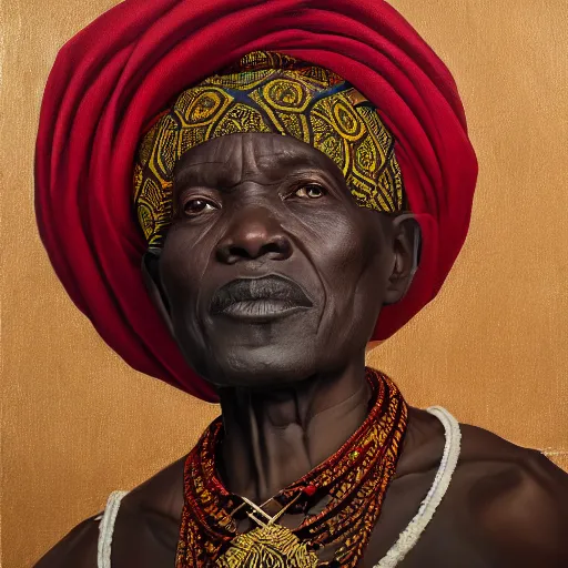 Prompt: a painting of a elegant wise elder from Kenya by Kehinde Wiley . dramatic angle, ethereal lights, details, smooth, sharp focus, illustration, realistic, cinematic, artstation, award winning, rgb , unreal engine, octane render, cinematic light, macro, depth of field, blur, red light and clouds from the back, highly detailed epic cinematic concept art CG render made in Maya, Blender and Photoshop, octane render, excellent composition, dynamic dramatic cinematic lighting, aesthetic, very inspirational, arthouse.