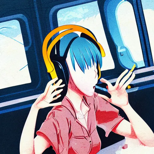 Image similar to studio gainax illustration, bloodied anime girl listening to music in a train, noise rock album cover