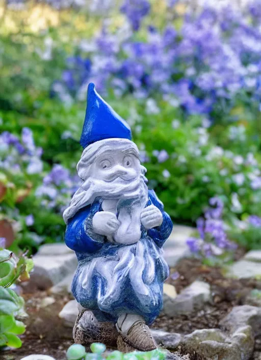 Prompt: a garden gnome made of blue and white fine china. intricate blue patterns. soft light. golden hour