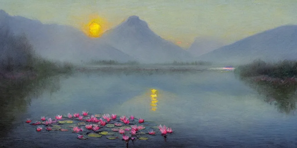 Prompt: impressionism painting of a pond of water lily on a foggy morning, sun low on horizon through snow capped mountains, soft light, misty