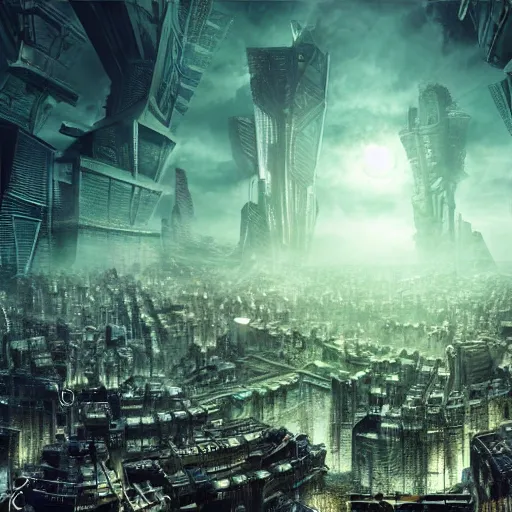 Image similar to megacity, hive city, futuristic dystopian endless, intricate, complex, labyrinthine, byzantine, tangled, matte painting, night, gloomy, dark, dramatic, cinematic, volumetric lighting, gods eye view