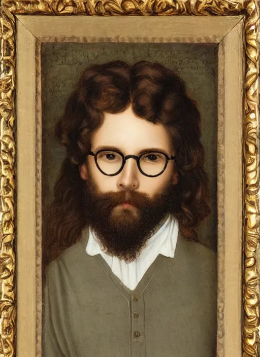 Prompt: Pre-Raphaelite young beautiful bearded brown-haired male with glasses