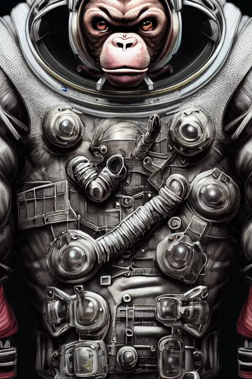 Prompt: a portrait of a muscular anthropomorphic cyberpunk monkey in spacesuit armor with ensignia on chest plate by sandra chevrier, by jon foster, detailed render, post - processing, extremely hyperdetailed, intricate, epic composition, cybernetics, 4 k realistic, cryengine, realistic shaded lighting, sharp focus, masterpiece, by enki bilal