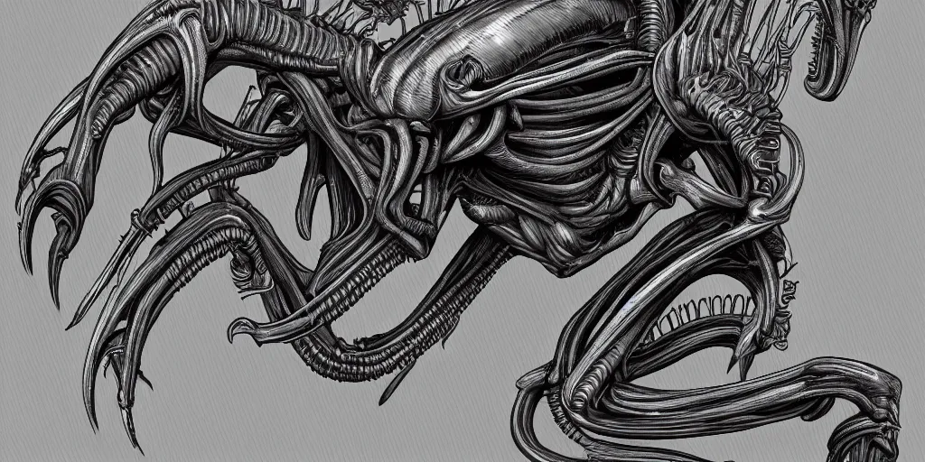 Prompt: xenomorph inspired buffalo, in the style of H.R. Giger, digital art