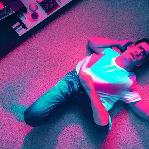 Image similar to close up aerial view portrait of a guy laying on the floor of his bedroom looking at the camera, synthwave colors, computer, cell phone, video games, tv, knick knacks, synthwave colors, 8K