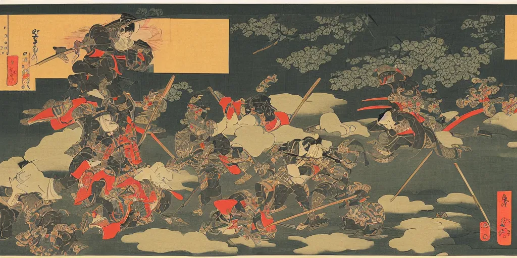 Image similar to mixed ukiyo - e style and italian futurism sytle painting of heavily armored samurai fighting in fierce battle in a beautiful forest