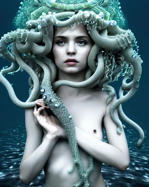 Image similar to surreal mythical dreamy underwater artistic bw fine art photo of a beautiful young female angelic - medusa - cyborg covered with fish scales and algae, highly detailed, intricate crystal ivy jelly fish scales ornate, poetic, octane render, 8 k, photo - realistic