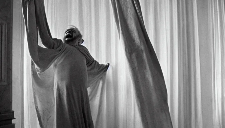 Prompt: 1 9 6 0 s movie still of chrysippus on the floor laughing hysterically mouth large open in drapery in a neoclassical room with marble tiles, cinestill 8 0 0 t 3 5 mm b & w, high quality, heavy grain, high detail, texture, dramatic light, anamorphic, hyperrealistic