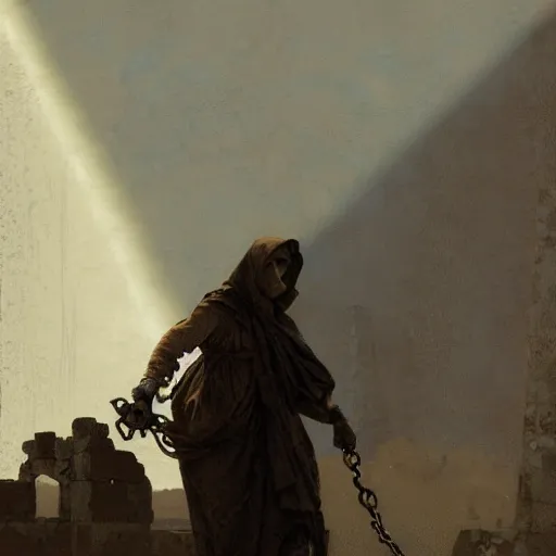 Image similar to half portait of magican wearing a closed cowl and big old book! chained to the wrist, jeremy mann, jean - leon gerome, tiepolo, alphonse mucha, greg rutkowski, face in the shadows, ( ( ruins of ancient rome ) ), at dusk, mysterious atmosphere, sunrays, dof, high detailed, 8 k