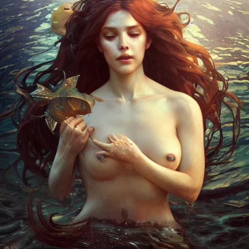 Image similar to a sad mermaid covered in an oil spill, ultra realistic, concept art, intricate details, highly detailed, photorealistic, octane render, 8 k, unreal engine. art by artgerm and greg rutkowski and magali villeneuve and alphonse mucha