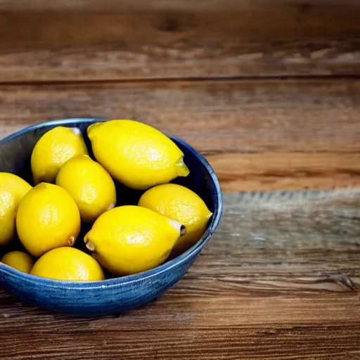 Image similar to a bowl of moldy lemons on a wooden table next to a couch, close up, dslr photo