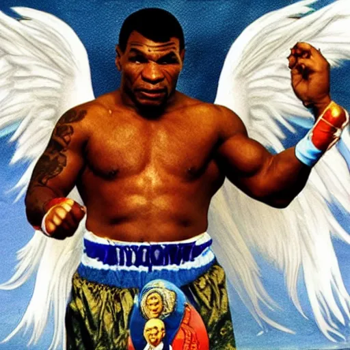 Image similar to mike tyson dressed as the angel of love, realistic portrait