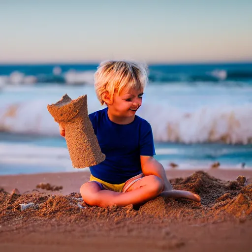 Image similar to little blond girl, making a sandcastle!!! on an Australian Beach, red!!! sand, golden hour, Canon EOS R3, f/1.4, ISO 200, 1/160s, 8K, RAW, unedited, symmetrical balance, in-frame