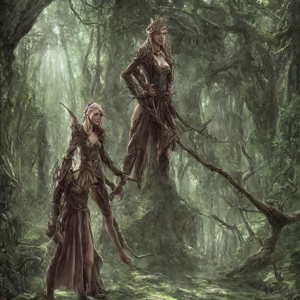 Prompt: A young elven female druid traveling trough the forest + concept art + detailed character portrait + James Gurney