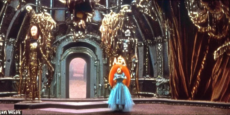 Image similar to cinematography of the 1985 film Return To Oz Character Jack pumpkin head standing in the mirrored palace of princess Mombi in the style of the 1985 film Return To Oz Shot on Film by Return To Oz Cinematographer David Watkin on a cooke panchro 18mm lens.