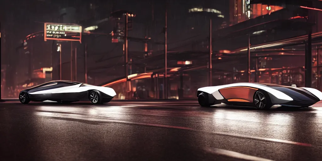 Prompt: cinematic movie scene, beautiful Product shot film still of a Syd Mead futuristic modern sleek automobile with bright headlights on a wet street at night in cyperpunk city at a valet for a fancy restaurant, hard surface modeling, volumetric soft lighting, style of Stanley Kubrick cinematography, 8k H 768