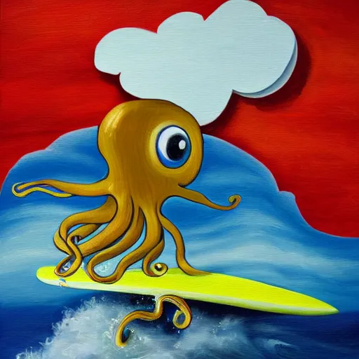 Image similar to painting of a surfing octopus on a surfboard surfing through the clouds