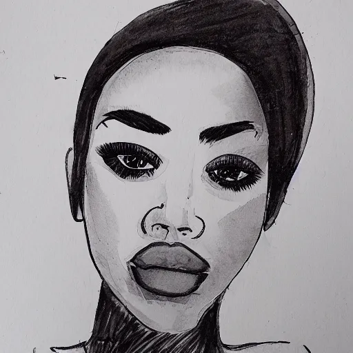 Prompt: 3 / 4 portrait of model black ink on paper