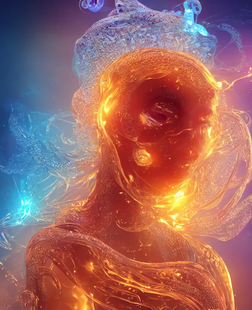 Image similar to close-up macro portrait of the face of a beautiful princess, epic angle and pose, symmetrical artwork, 3d with depth of field, blurred background, cybernetic jellyfish female face skull phoenix bird, translucent, nautilus, energy flows of water and fire. a highly detailed epic cinematic concept art CG render. made in Maya, Blender and Photoshop, octane render, excellent composition, cinematic dystopian brutalist atmosphere, dynamic dramatic cinematic lighting, aesthetic, very inspirational, arthouse. y Greg Rutkowski, Ilya Kuvshinov, WLOP, Stanley Artgerm Lau, Ruan Jia and Fenghua Zhong