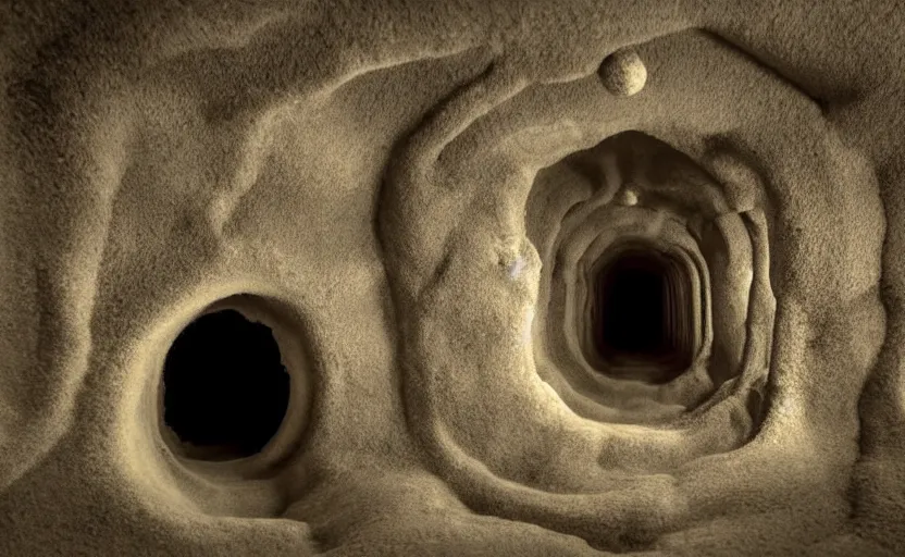 Prompt: hyper liminal photo, sponge with many tunnels inside each hole, tunnels lead to different worlds, surreal, detailed, high definition, mysterious, wide shot, surrealist depiction of a normal sponge,