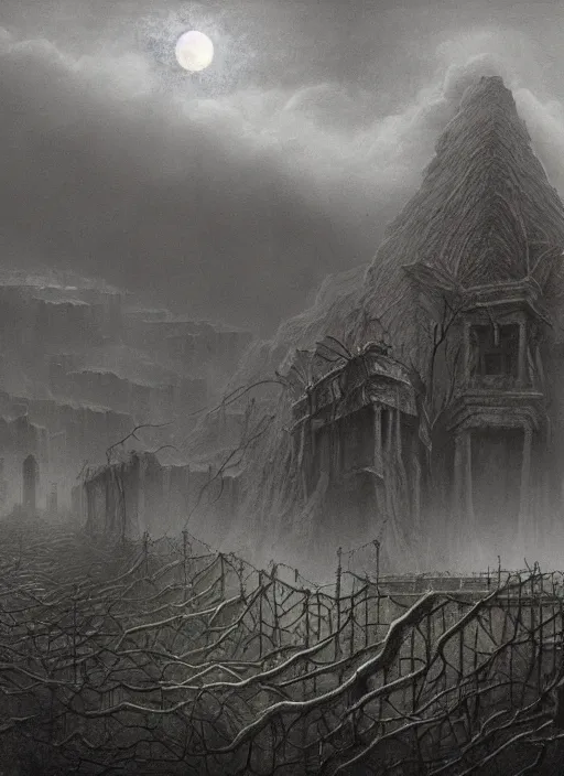 Image similar to a dramatic matte painting of The Tomb in the dystopian landscape is opening through the ground, the dead has arisen under the glowing moon, dead trees and a brooding landscape by Giger and Dariusz Zawadzki and Beksinski