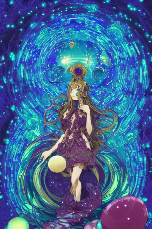 Image similar to psychedelic, intricate, highly detailed, anime, 4k, beautiful seductive slime girl holding a huge orb containing the universe, with professional makeup, long trippy hair, surrounded by gems, underneath the stars, trending on patreon, deviantart, twitter, artstation, volumetric lighting, heavy contrast, by artgerm and Ilya Kuvshinov and alphonse mucha, interstellar galaxy