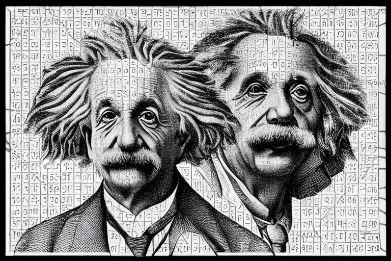 Image similar to an engraved portrait of albert einstein surrounded by intricate equations of theory of relativity, detailed!!! duotone engraving in the style of a postage stamp, freemason symbol, fine!!! lines, engraved by m. c. escher