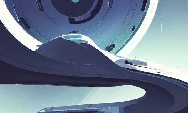 Prompt: landscape painting of a spaceship, futuristic, clean design, digital painting, sharp focus, illustration, art by sparth