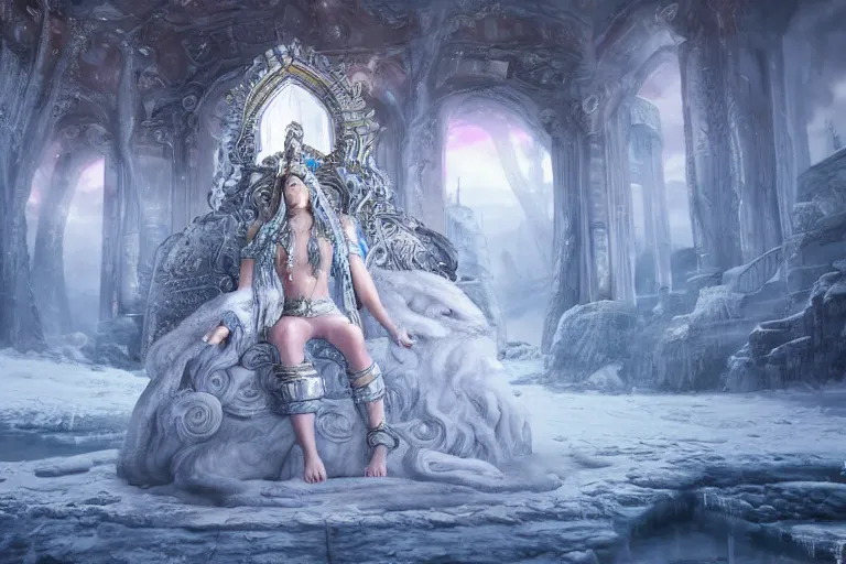 Image similar to a female goddess sitting on a throne in an icy realm at a shrine to worship her at, intricately detailed, physically based rendering, realistic, in the style of WLOP, illustration, epic, fantasy, hyper detailed, smooth, unreal engine, sharp focus, ray tracing