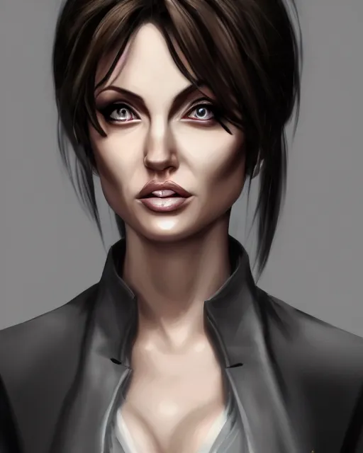 Image similar to capcom character, anime portrait of angelina jolie, highly detailed, digital painting, artstation, character, concept art, smooth