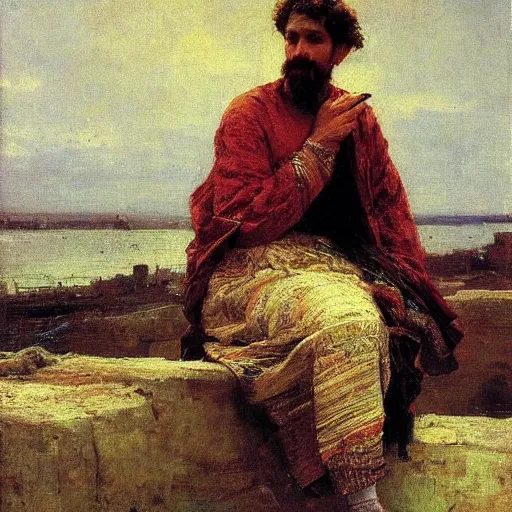 Image similar to A portrait of God, wide shot, photorealistic, by Ilya Repin