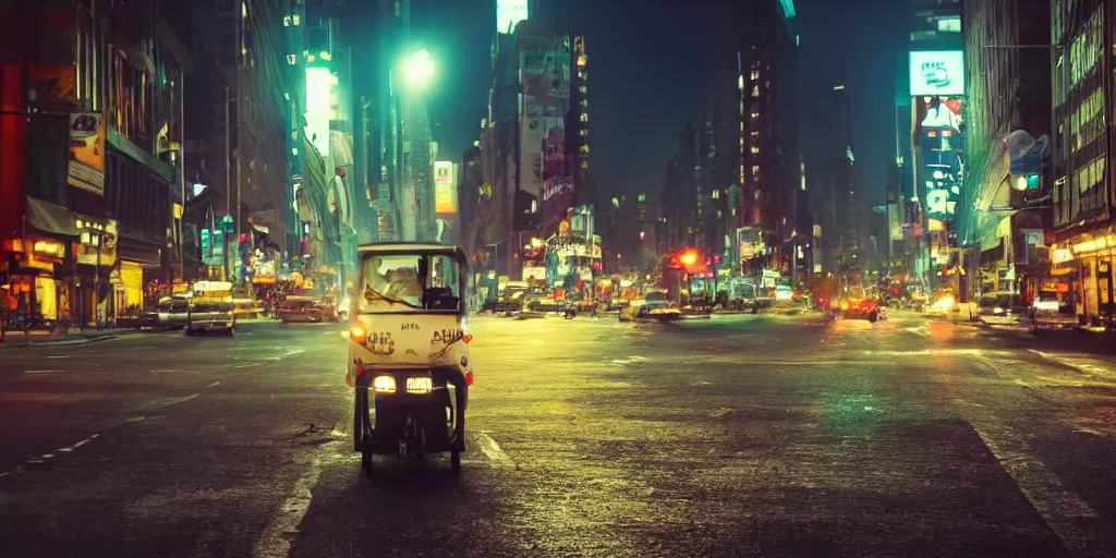 Image similar to a tuk tuk walking through a desolate manhattan city street at night statue of liberty seen in the background realistic 4 k octane beautiful