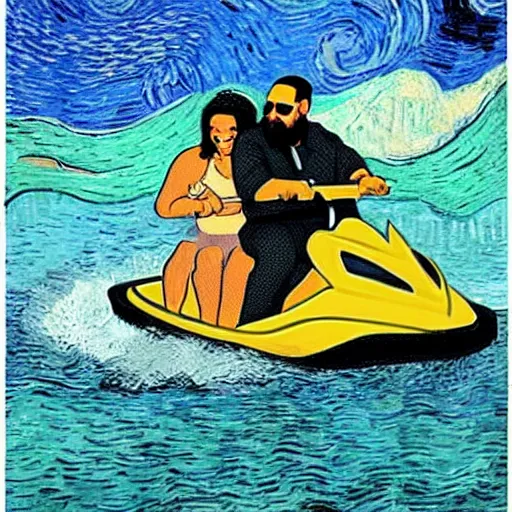 Prompt: Obama and DJ Khaled riding a jet ski, by Van Gogh