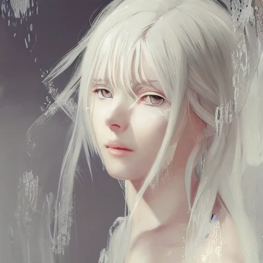 Image similar to Portrait of a white haired anime girl wearing a wet white lace nightgown, intricate, highly detailed, smooth, close-up, artstation, digital illustration by Ruan Jia