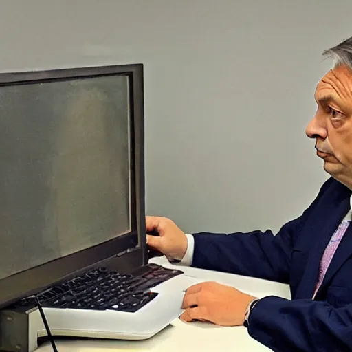 Image similar to viktor orban programming on a computer in a cubicle, oil painting