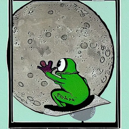 Image similar to pepe the frog landing on the moon by norman rockwell