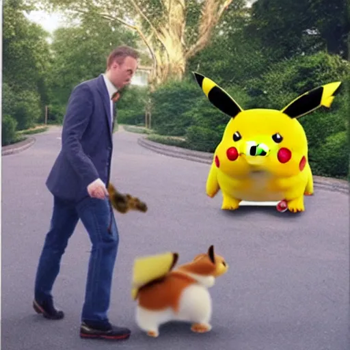 Prompt: realistic photo of a man walking pikachu as a pet