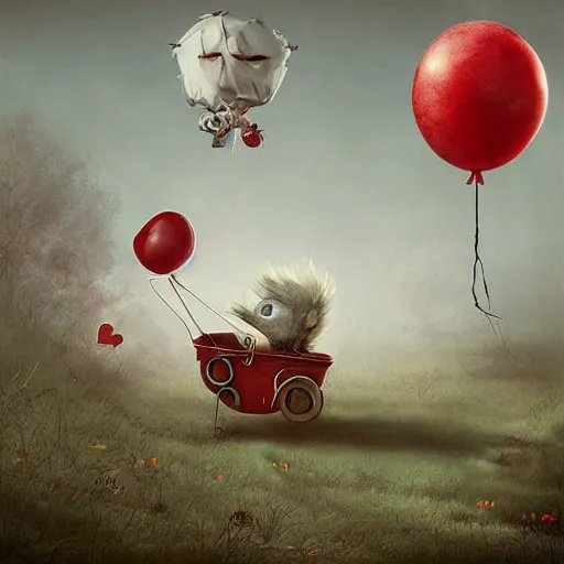 Prompt: surrealism grunge cartoon landscape painting of a cartoon bunny and a red balloon by - michal karcz, loony toons style, pennywise style, horror theme, detailed, elegant, intricate