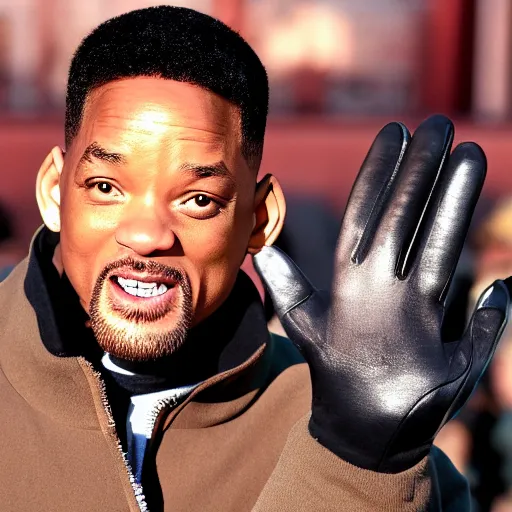 Prompt: will smith wearing running pants, a turtleneck, a zip up windbreaker, a brown coat and fingerless black gloves, photo, film grain