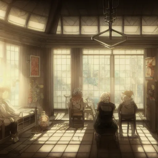 Prompt: interior of the melancholic nursing home, anime fantasy illustration by tomoyuki yamasaki, kyoto studio, madhouse, ufotable, square enix, cinematic lighting, trending on artstation