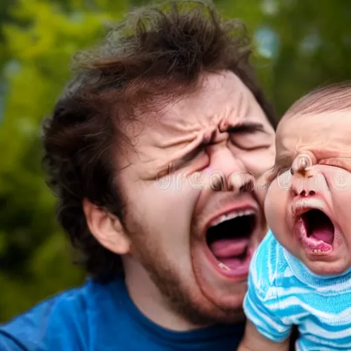 Prompt: man screaming into the face of a baby, the baby is crying, stock photo