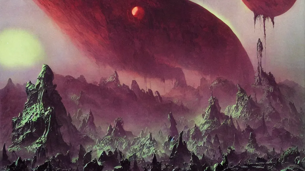 Image similar to eerie alien planet empire by frank frazetta and bruce pennington, cinematic matte painting