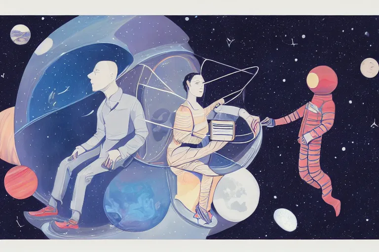 Prompt: a painting of a man and a woman in space, a computer rendering by James Jean, featured on behance, feminist art, photoillustration, surrealist, behance hd